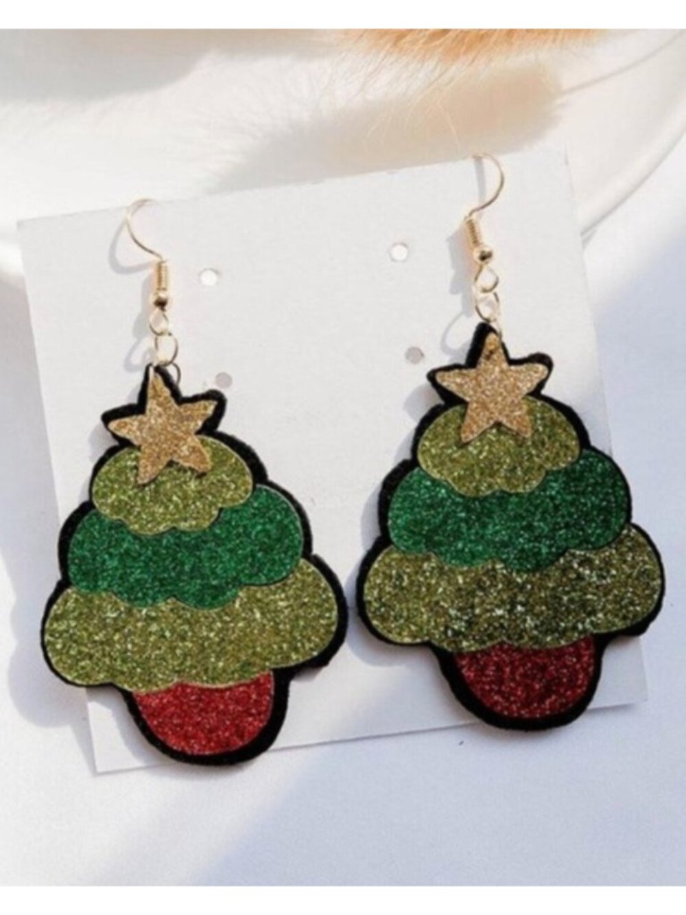 Green Red Glitter Christmas Tree Drop Earrings Xmas Holidays